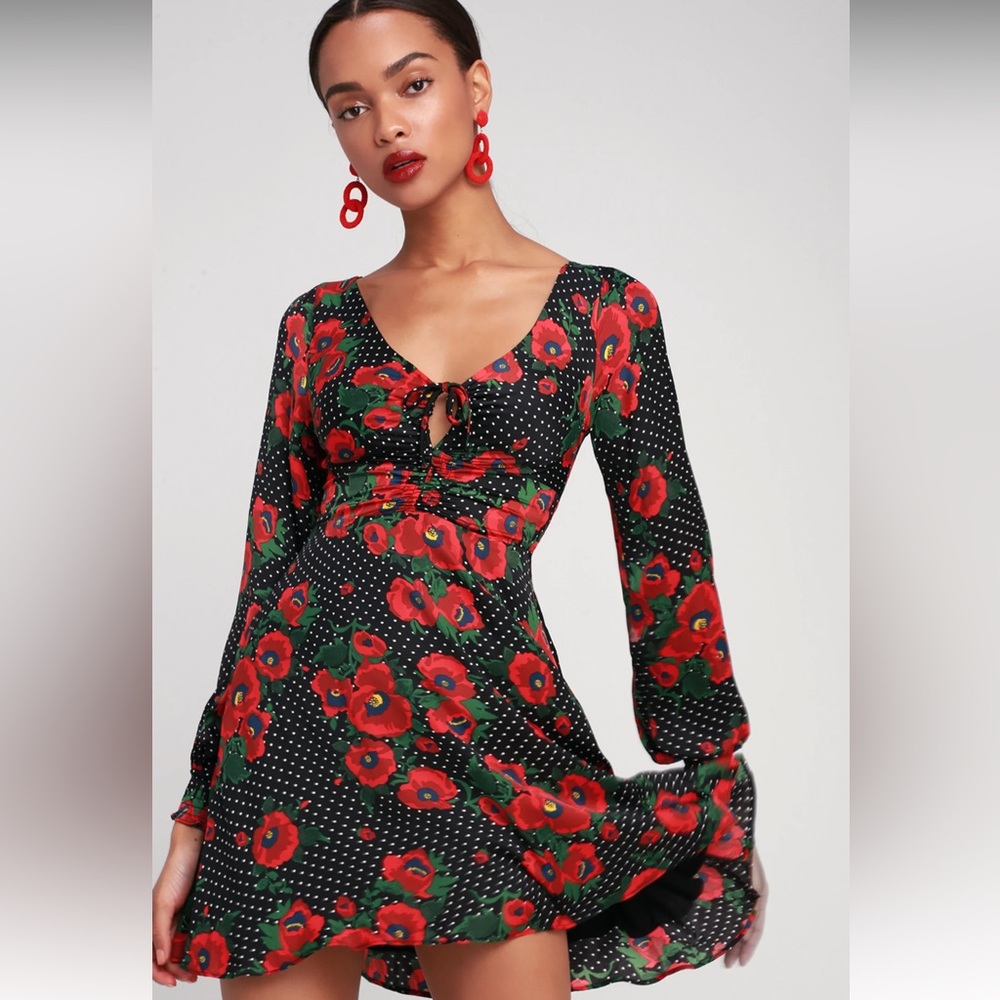 Free People Morning Floral Black and Red Minidress